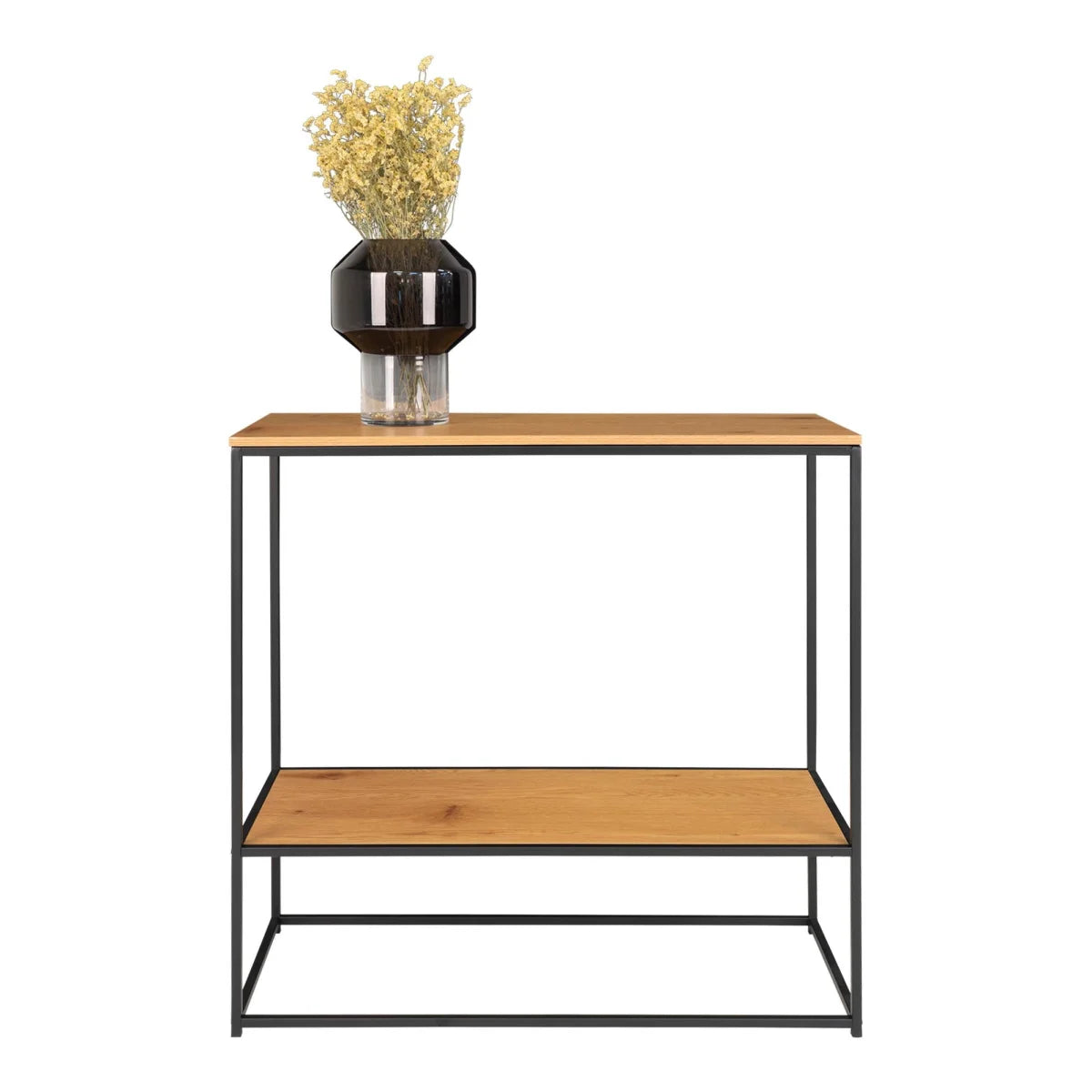 Table console moderne bois clair et métal noir, 2 étagères 80x36 cm avec vase verre noir et fleurs jaunes séchées