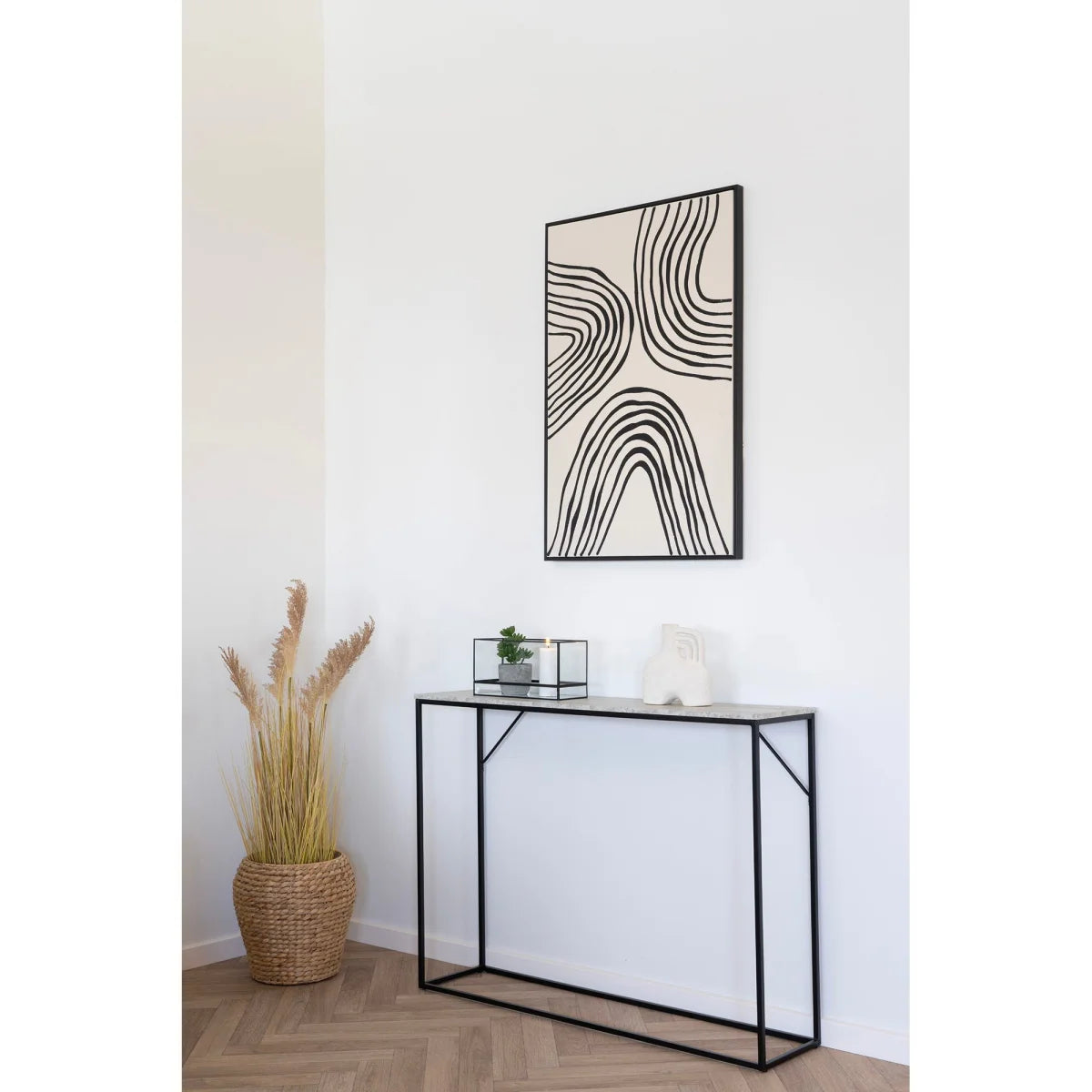 Table console rectangulaire en métal noir et aspect travertin 110x26 cm