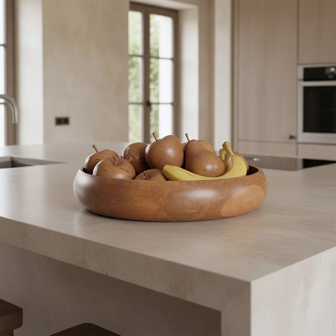 Coupe décorative ronde en teck massif naturel Ø37 cm avec poires et bananes