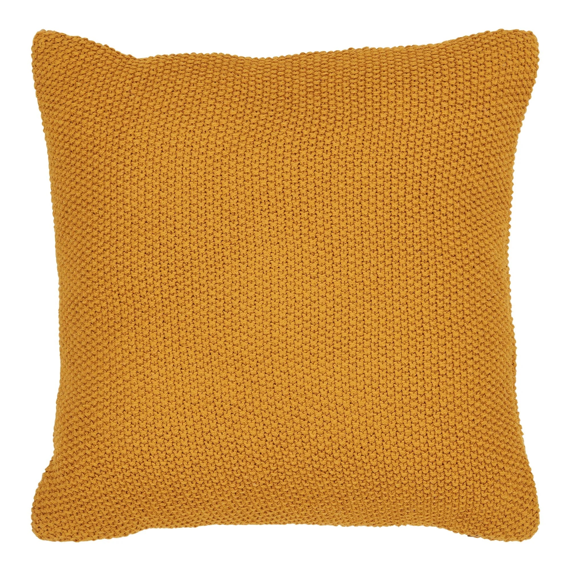 Coussin décoratif carré en coton recyclé ocre texturé, tricoté moutarde