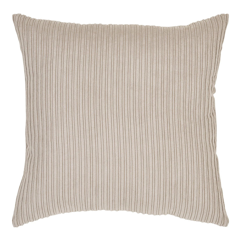 Coussin décoratif carré en velours côtelé sable rayé fines côtes