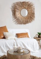 Miroir rond avec cadre en paille naturelle en forme de rayon de soleil large