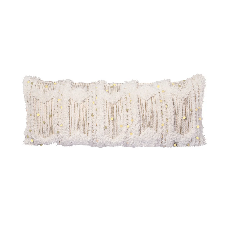 Coussin rectangulaire en laine écrue et khaki à franges et sequins – 35x95 cm