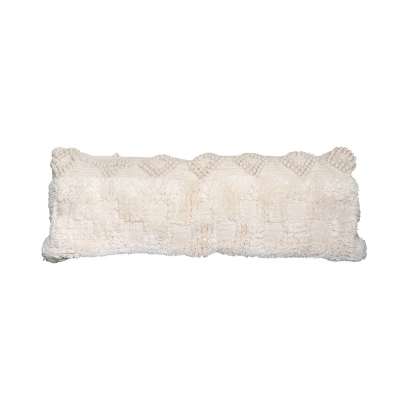 Coussin rectangulaire tufté en laine et coton écru avec motifs en relief – 35x95 cm