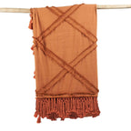 Plaid en coton terracotta à losanges avec franges macramé 240x300 cm