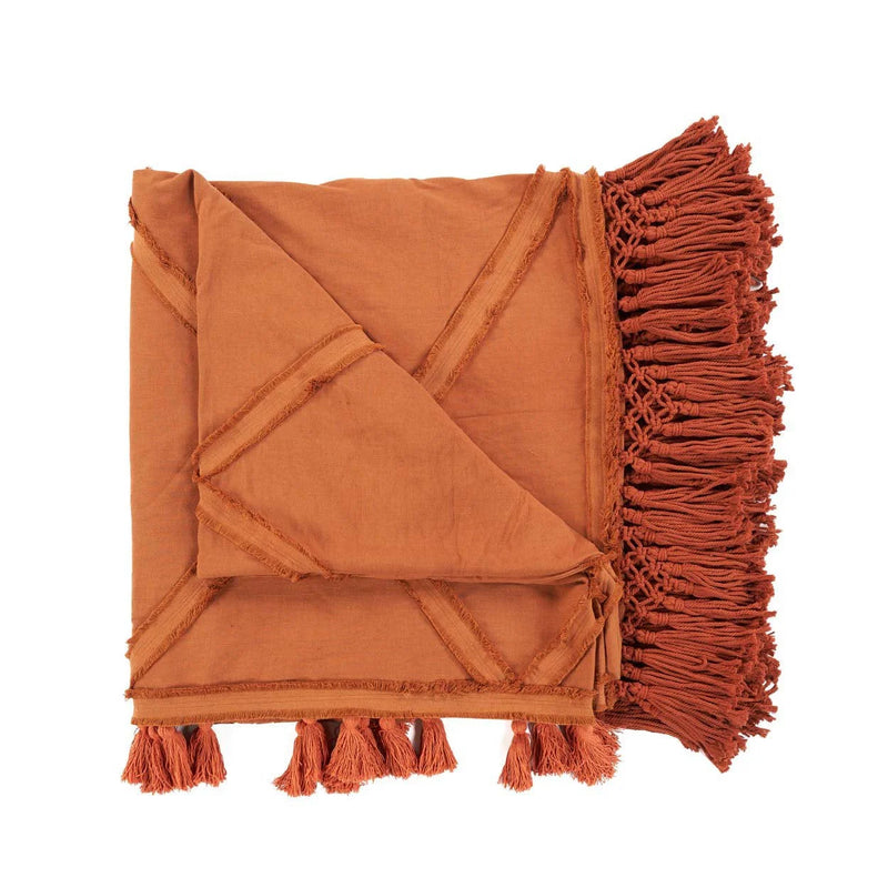 Couvre-lit en coton terracotta à losanges et franges macramé – 240x300 cm