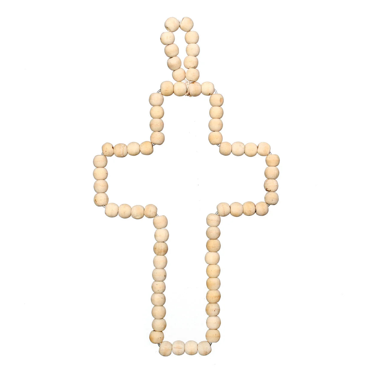 Croix murale en perles de bois naturel à suspendre