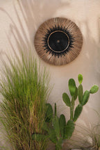 Décoration murale ronde en raphia et macramé noir avec centre noir, 60 cm