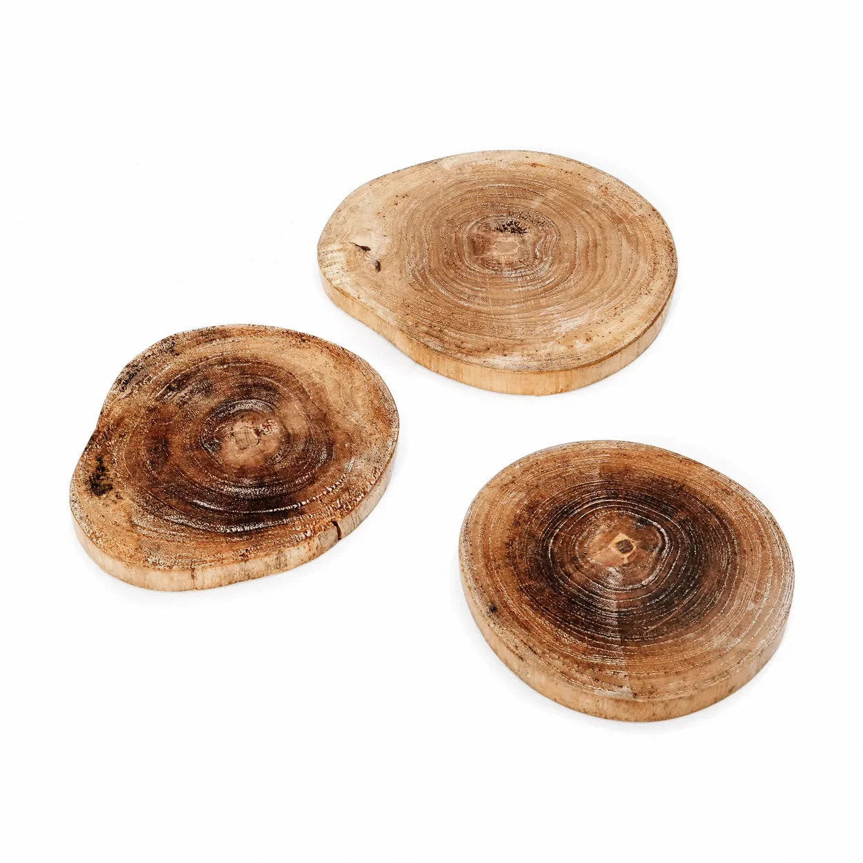 Dessous de verre rond en racine de teck avec trois tranches de bois naturelles