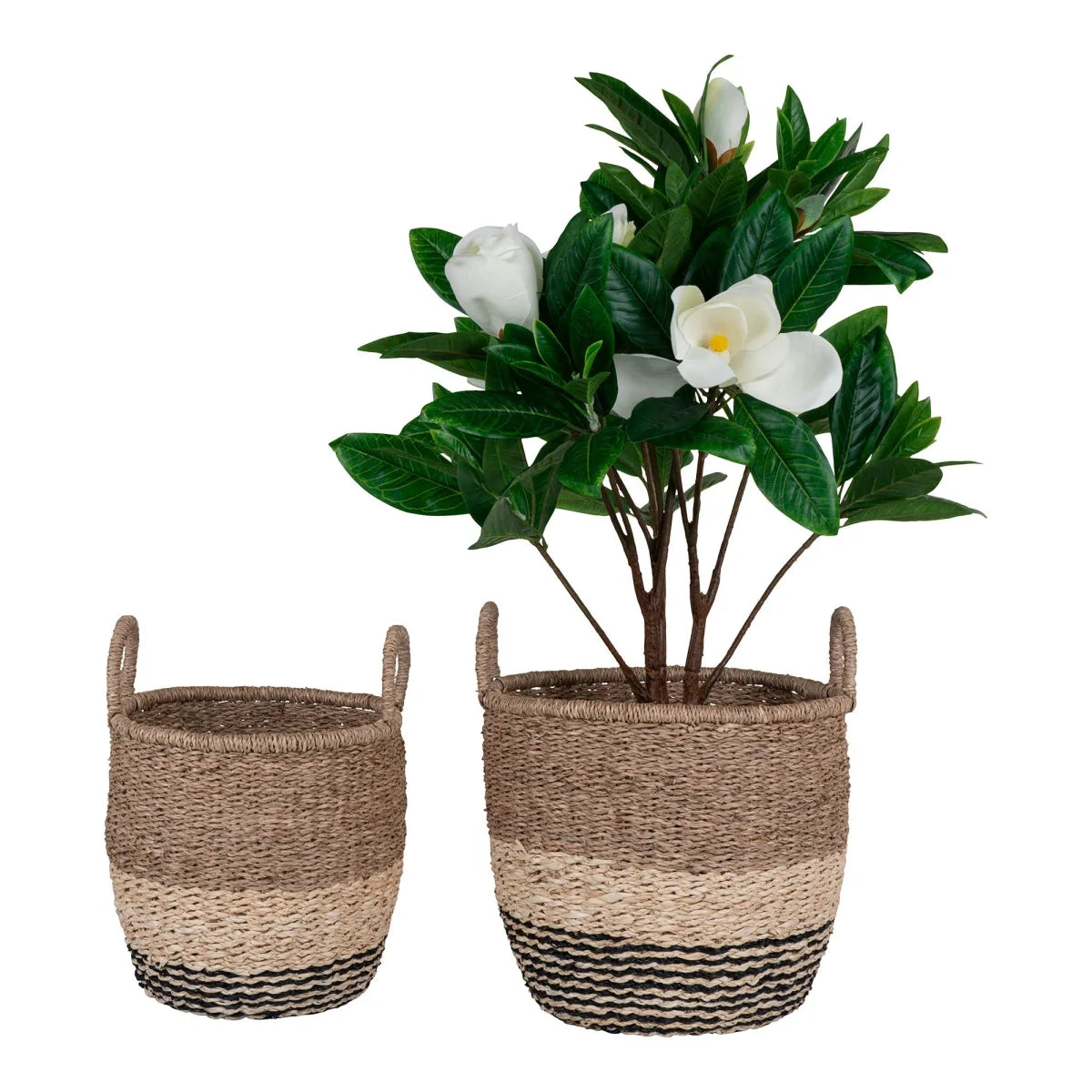 Panier tissé en jonc de mer naturel et noir à rayures beige