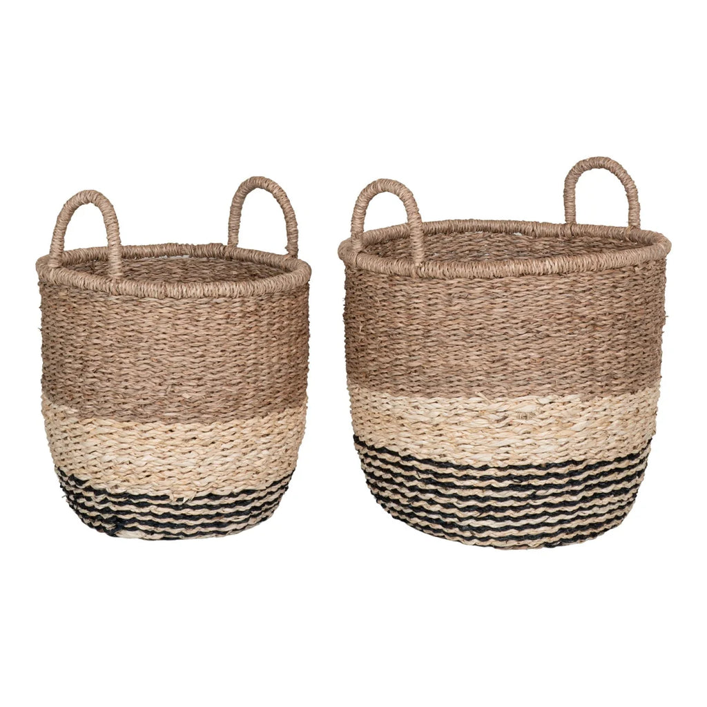 Deux paniers en jonc de mer naturel et noir tressés