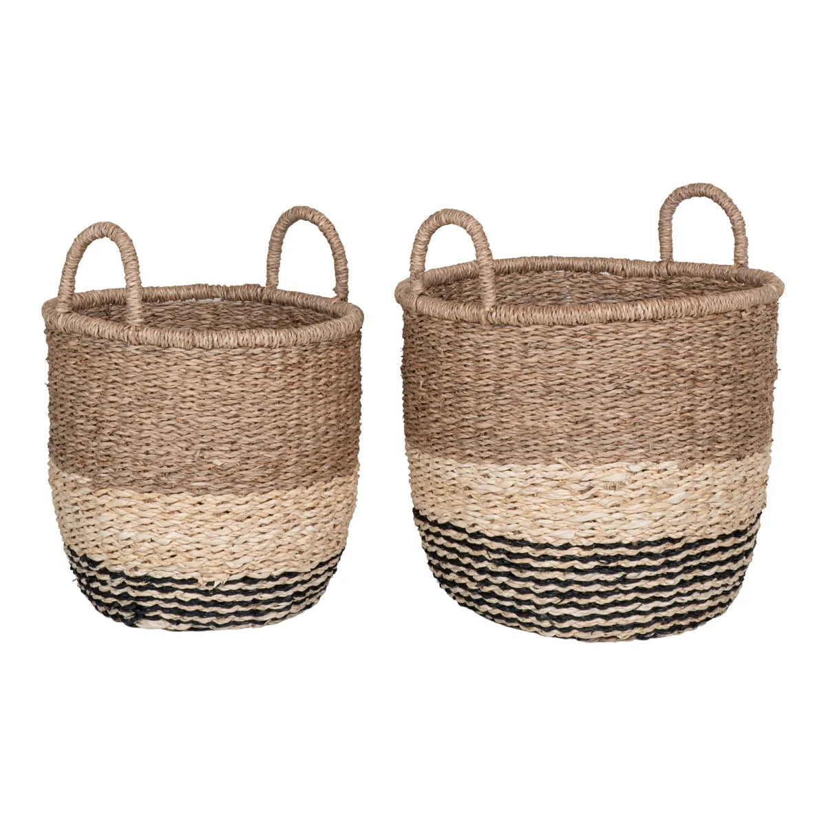 Deux paniers en jonc de mer naturel et noir tressés
