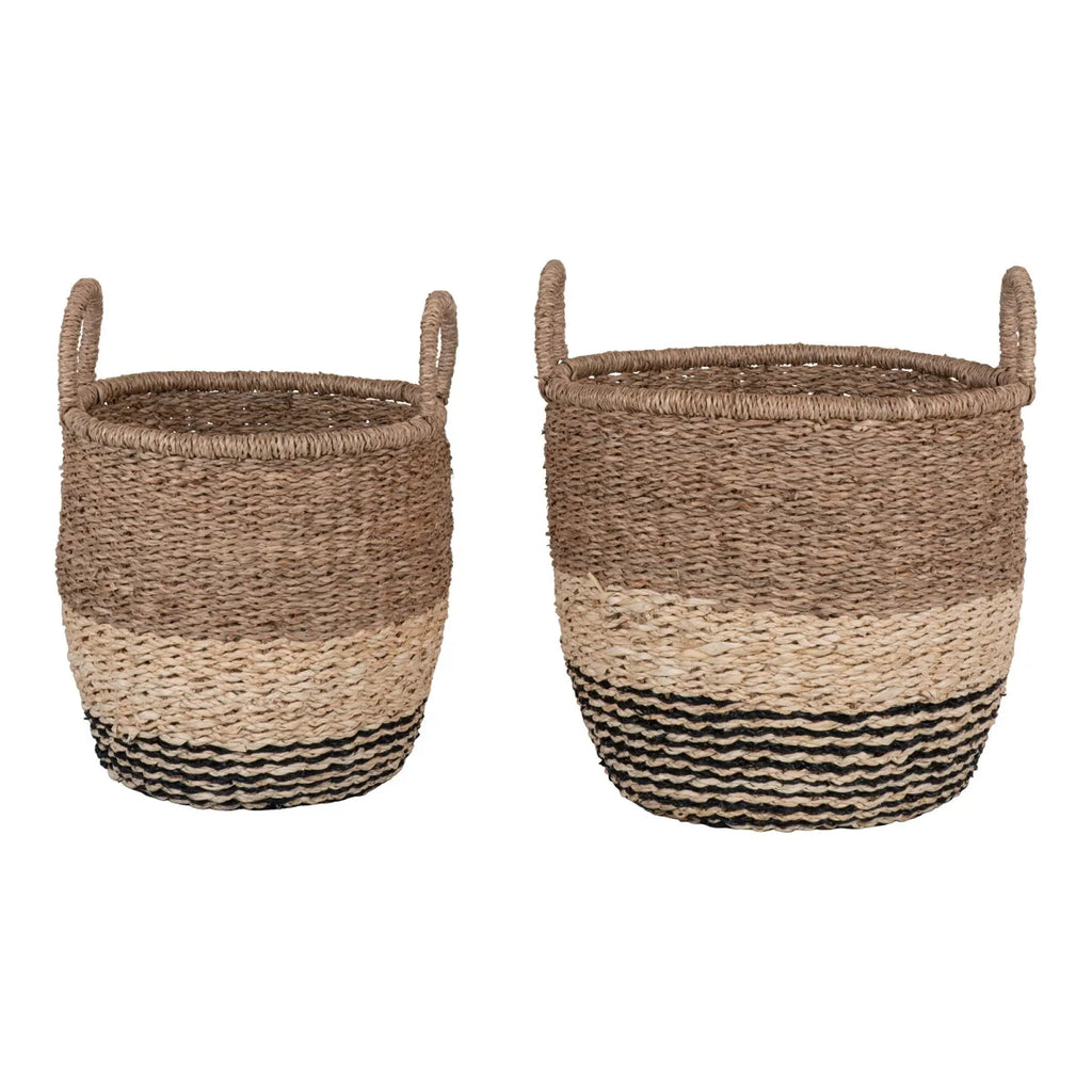 Paniers tressés en jonc de mer naturel, beige, brun et noir