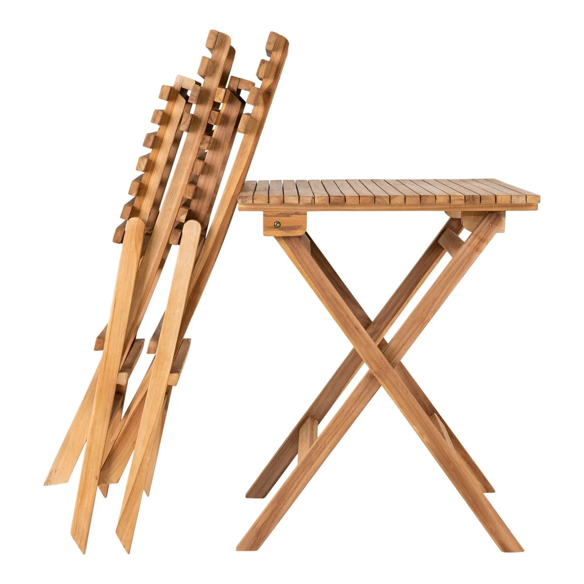 Table pliante en teck naturel brun clair avec plateau ajouré et pieds en X