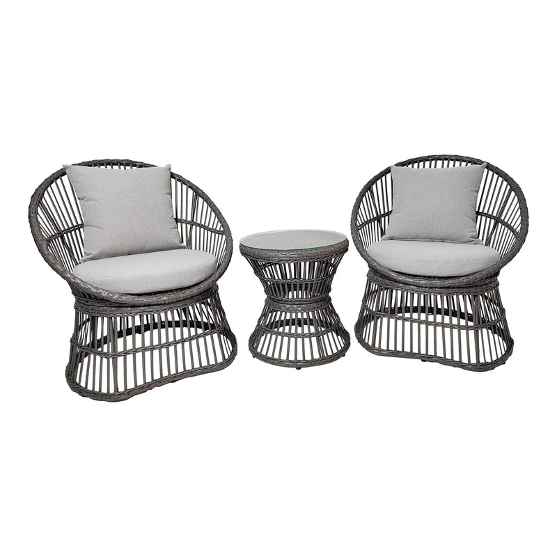 Ensemble lounge en rotin gris avec table ronde et coussins inclus – Set de 3