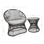 Chaise de patio en rotin gris avec coussins, set de 3 avec table ronde