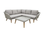 Ensemble salon d’angle extérieur gris 3 pièces avec table basse en osier