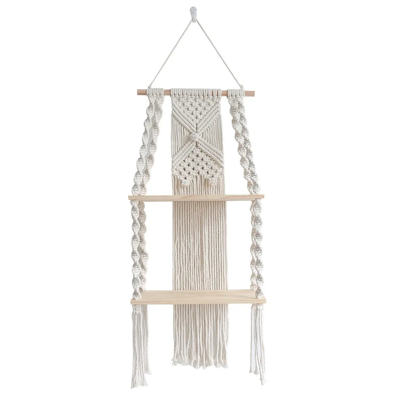 Étagère murale 2 niveaux bois et macramé