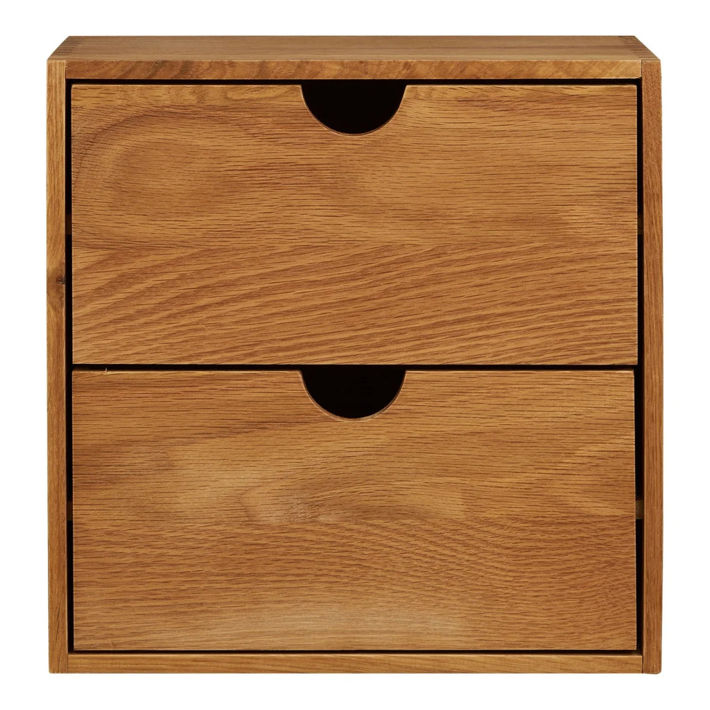 Étagère murale chêne clair 2 tiroirs poignées noires 30x30 cm