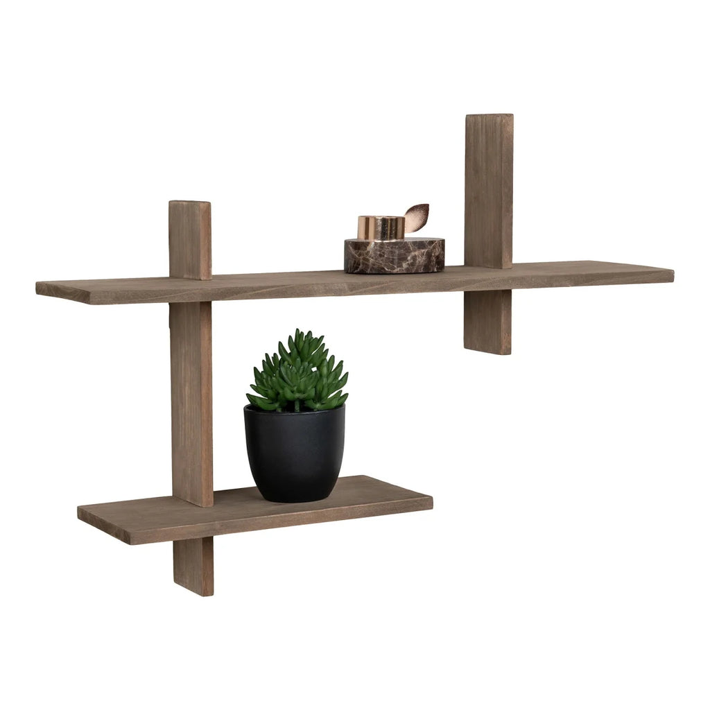 Étagère murale en bois de pin gris rustique à deux niveaux 60x15x44 cm