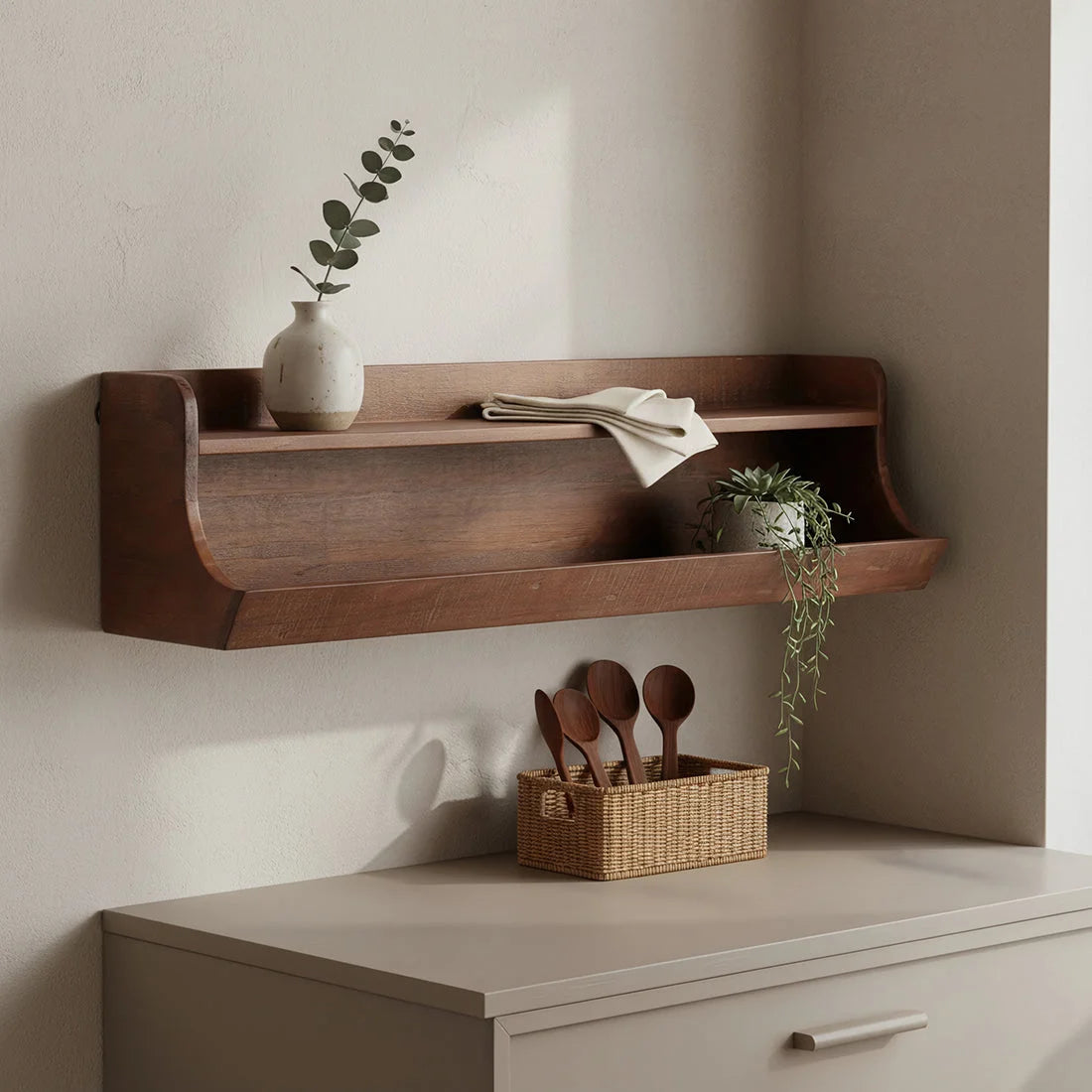 Étagère murale en bois recyclé brun, deux niveaux galbés, 80x22 cm