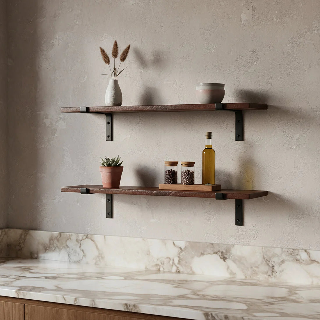 Étagère murale bois recyclé brun foncé avec supports métal noir, 80x18 cm