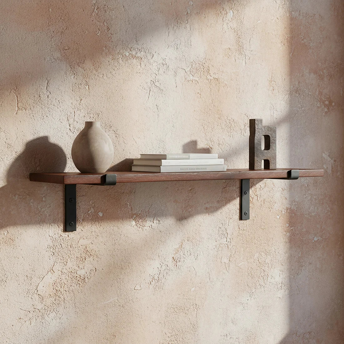 Étagère murale bois recyclé brun foncé avec supports métal noir 80x18 cm
