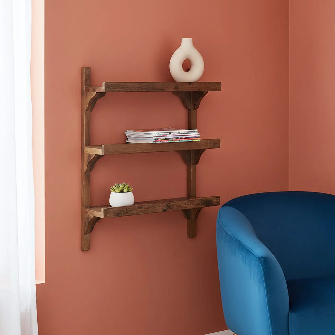 Étagère murale industrielle en bois recyclé brun à 3 étages, 50x16x64 cm