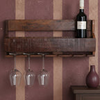 Étagère murale en bois recyclé brun vieilli 60x28 cm avec porte-verres et bouteille Pariani