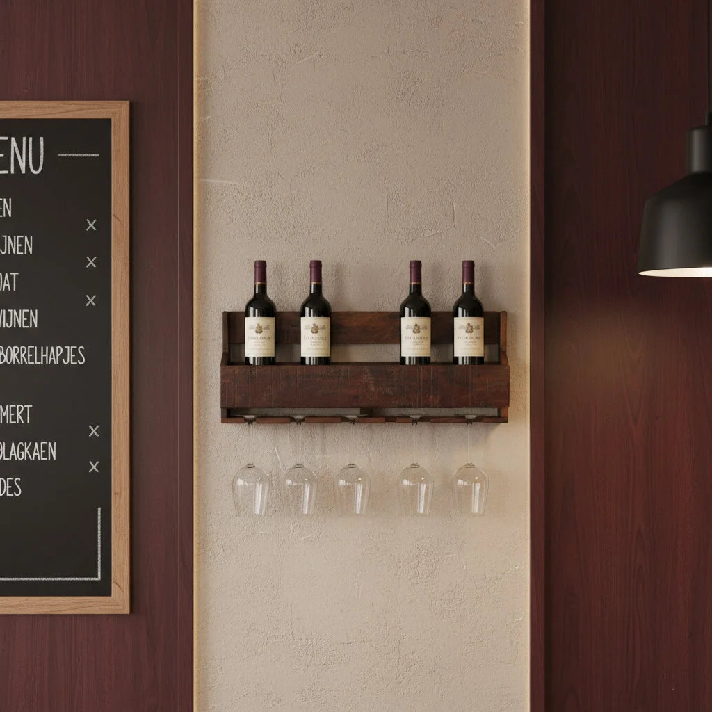 Étagère murale en bois recyclé brun vieilli, 60x28 cm, 4 slots et 5 porte-verres