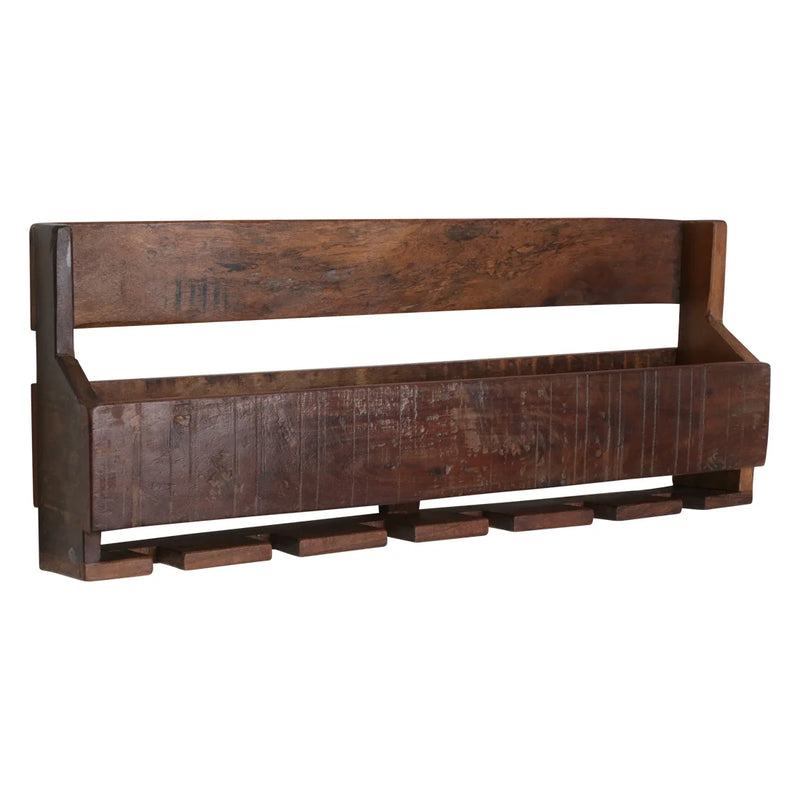 Étagère murale porte-bouteilles en bois recyclé brun vieilli – 60x28 cm
