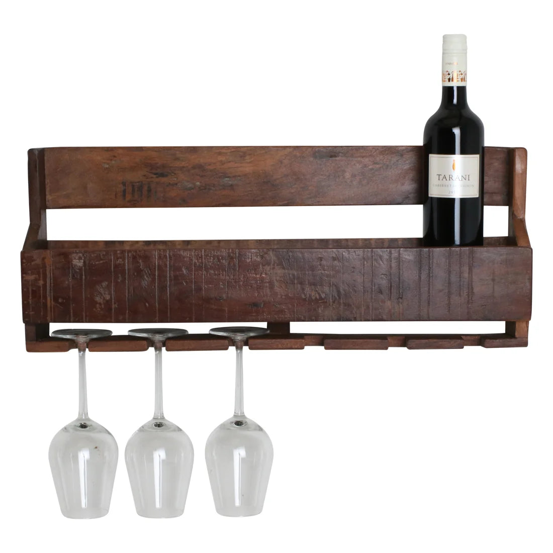 Étagère murale en bois recyclé brun vieilli 60x28 cm avec verres et Tarantini rouge