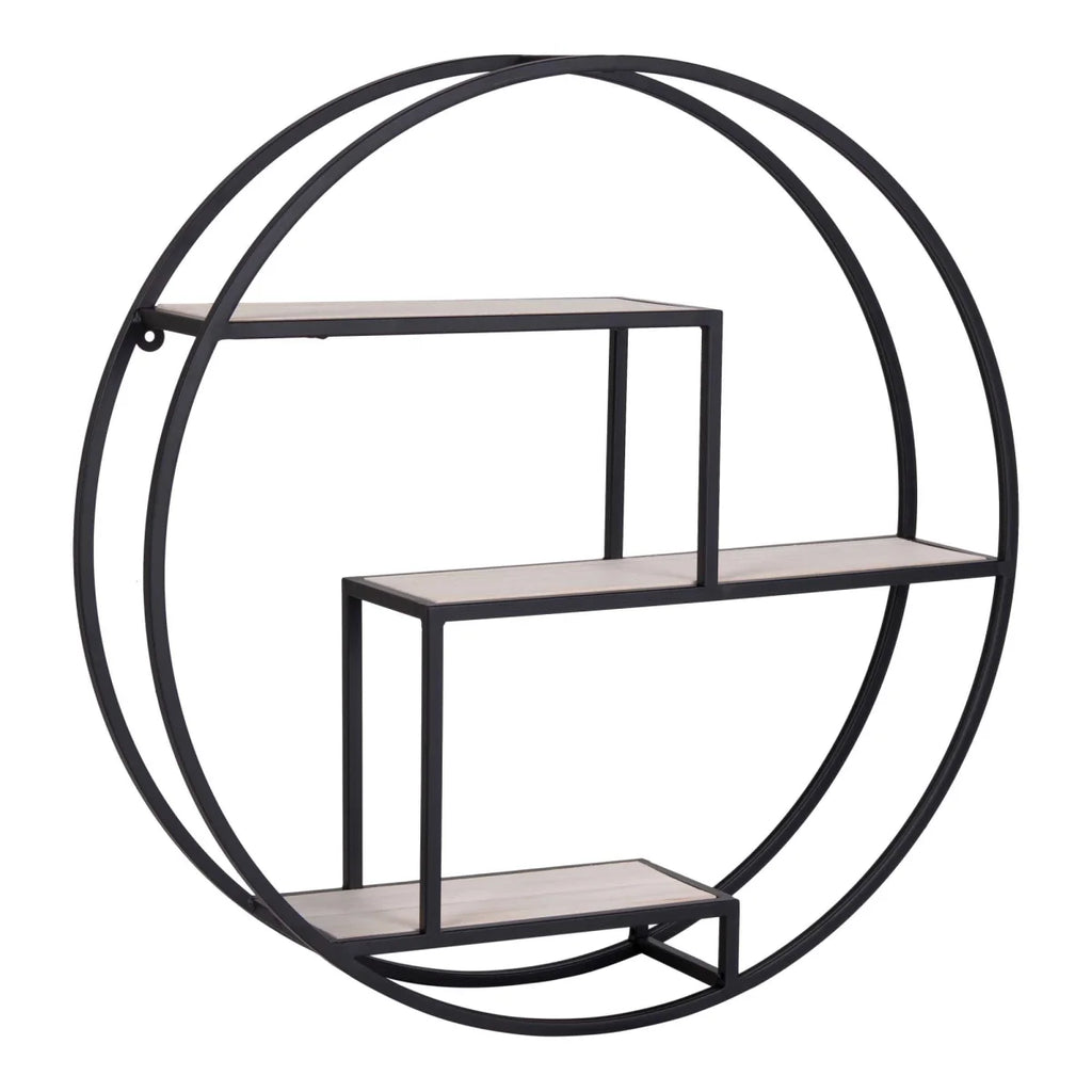 Étagère murale ronde en métal noir et bois naturel, 3 niveaux, Ø62 cm