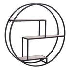 Étagère murale ronde en métal noir et bois naturel, 3 niveaux, Ø62 cm