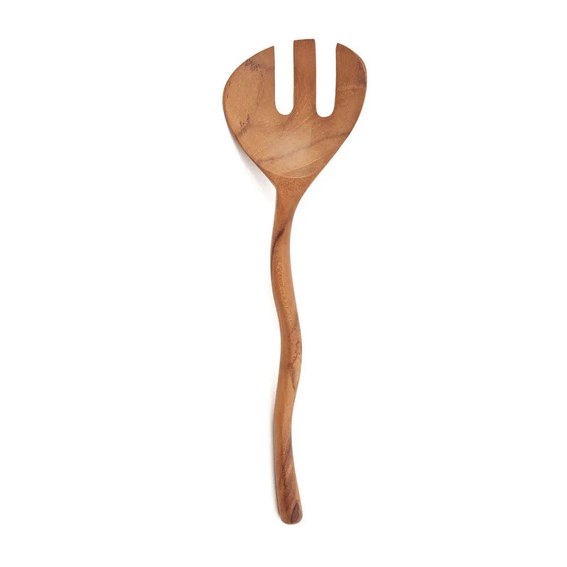 Fourchette à salade en teck sculpté manche ondulé naturel