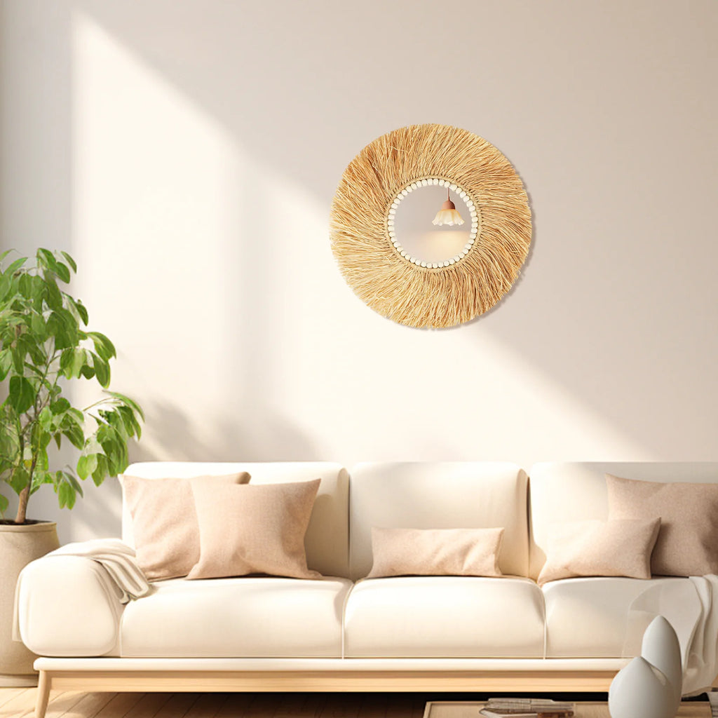 miroir en raphia avec perles de bois