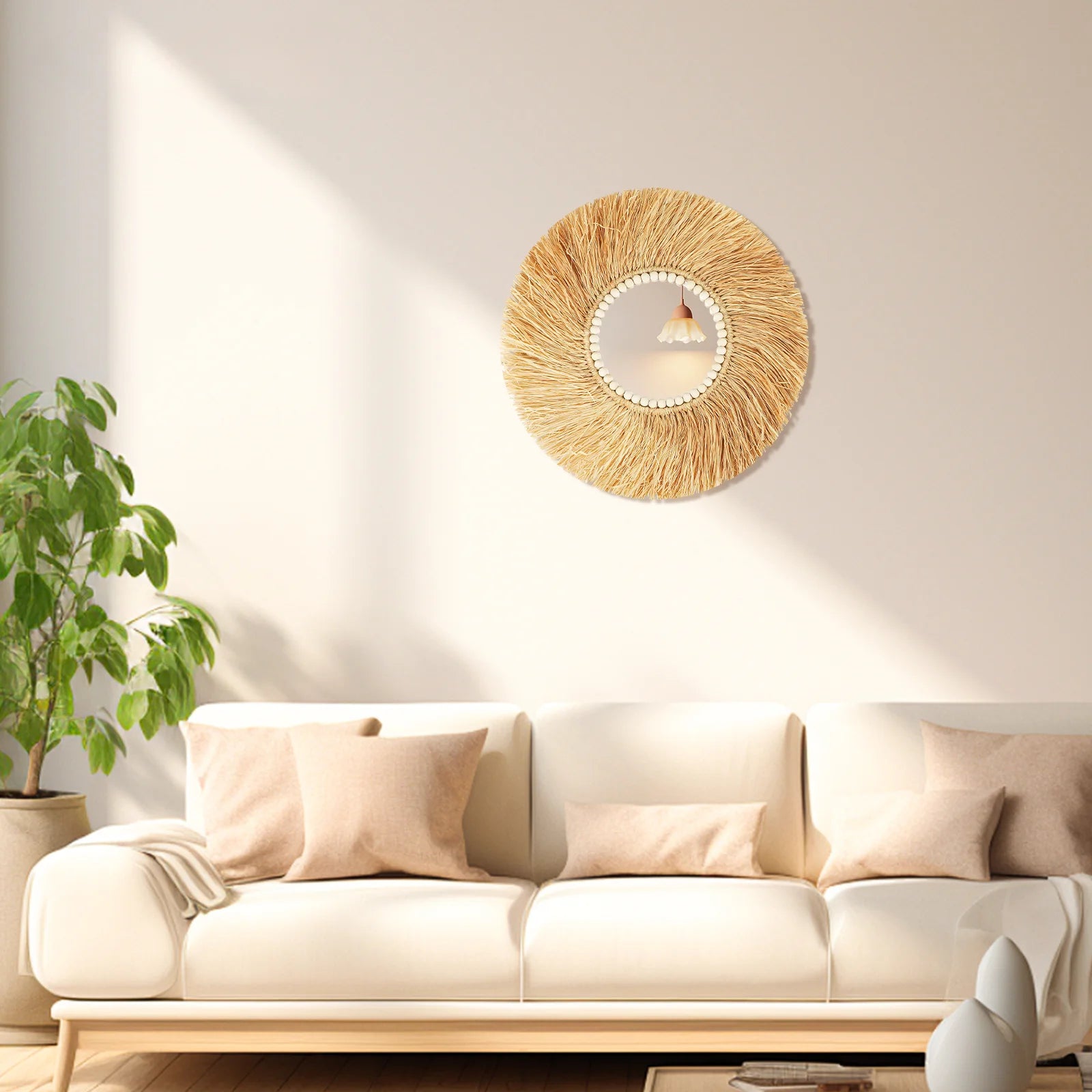 miroir en raphia avec perles de bois