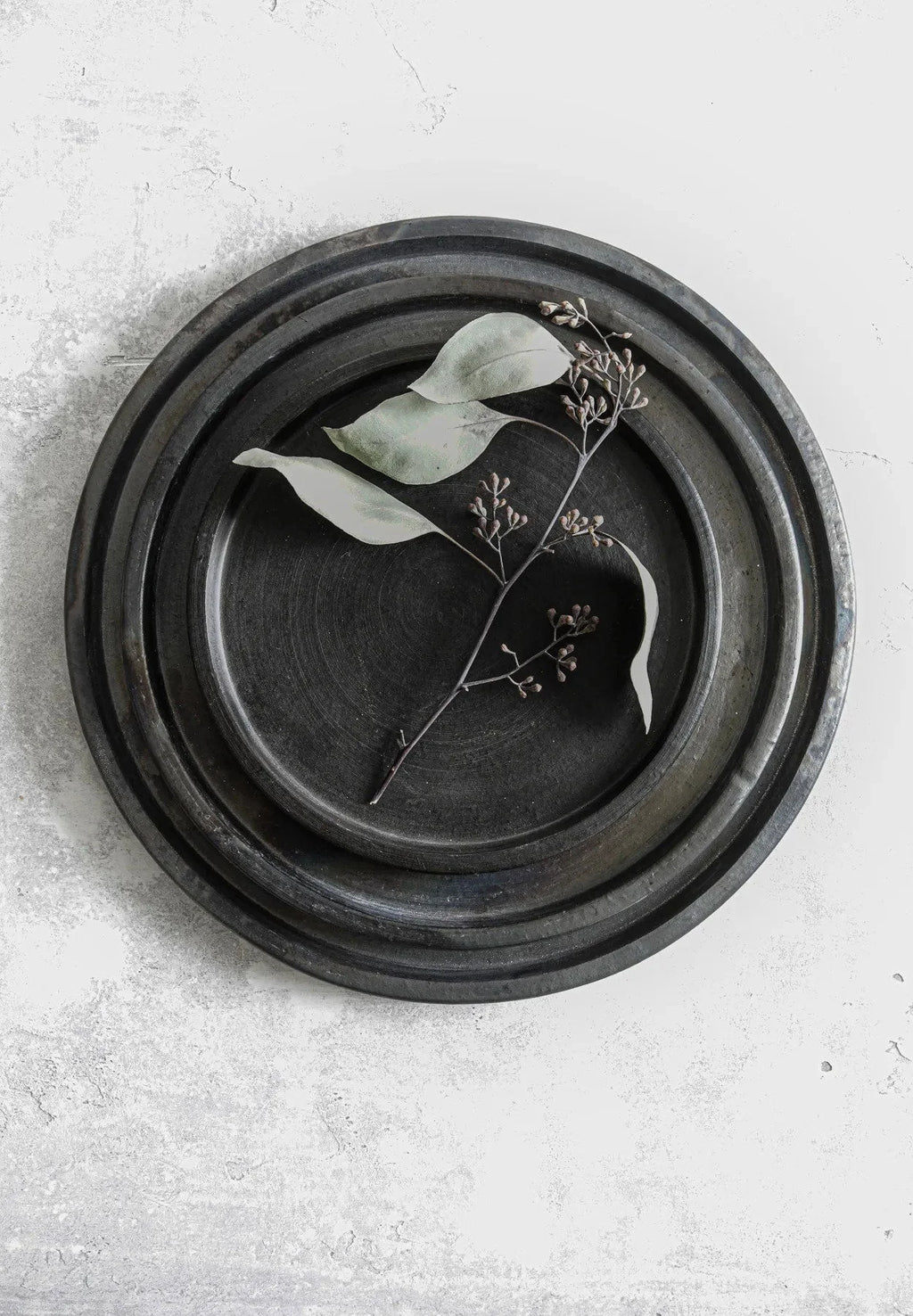 Plateaux décoratifs noirs en terre cuite brûlée avec feuilles et petits bourgeons