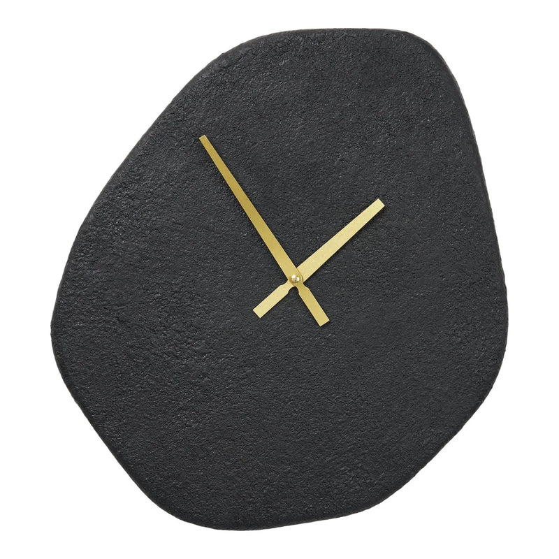 Horloge murale noire en ciment forme galet aiguilles dorées – 38x45 cm