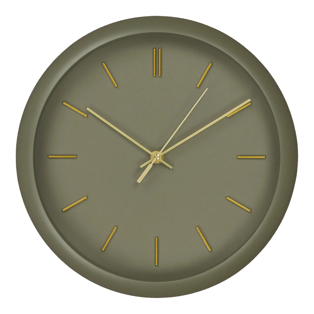 Horloge murale ronde en métal vert kaki avec aiguilles dorées Ø30 cm