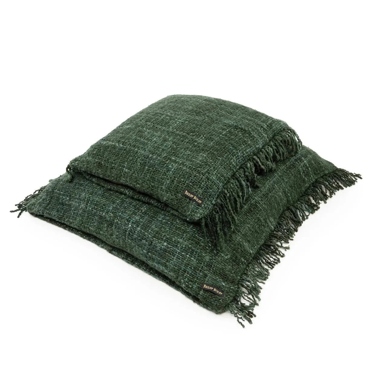 Housse de coussin 60x60 en coton vert forêt avec franges et deux coussins texturés