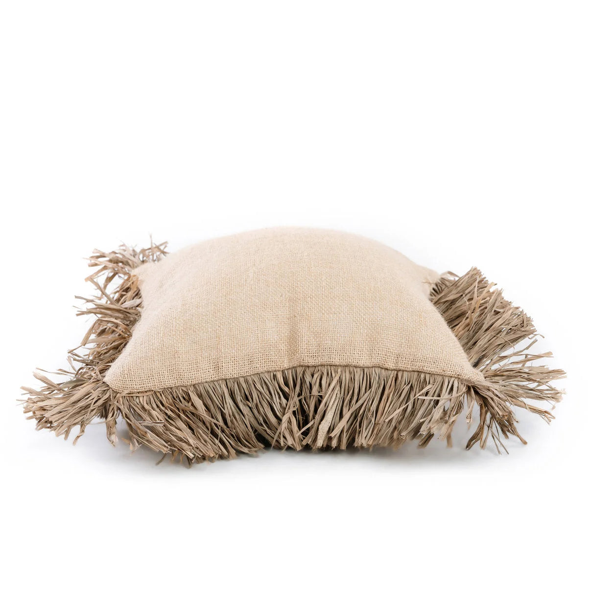 Housse de coussin carrée en jute et raphia beige avec franges