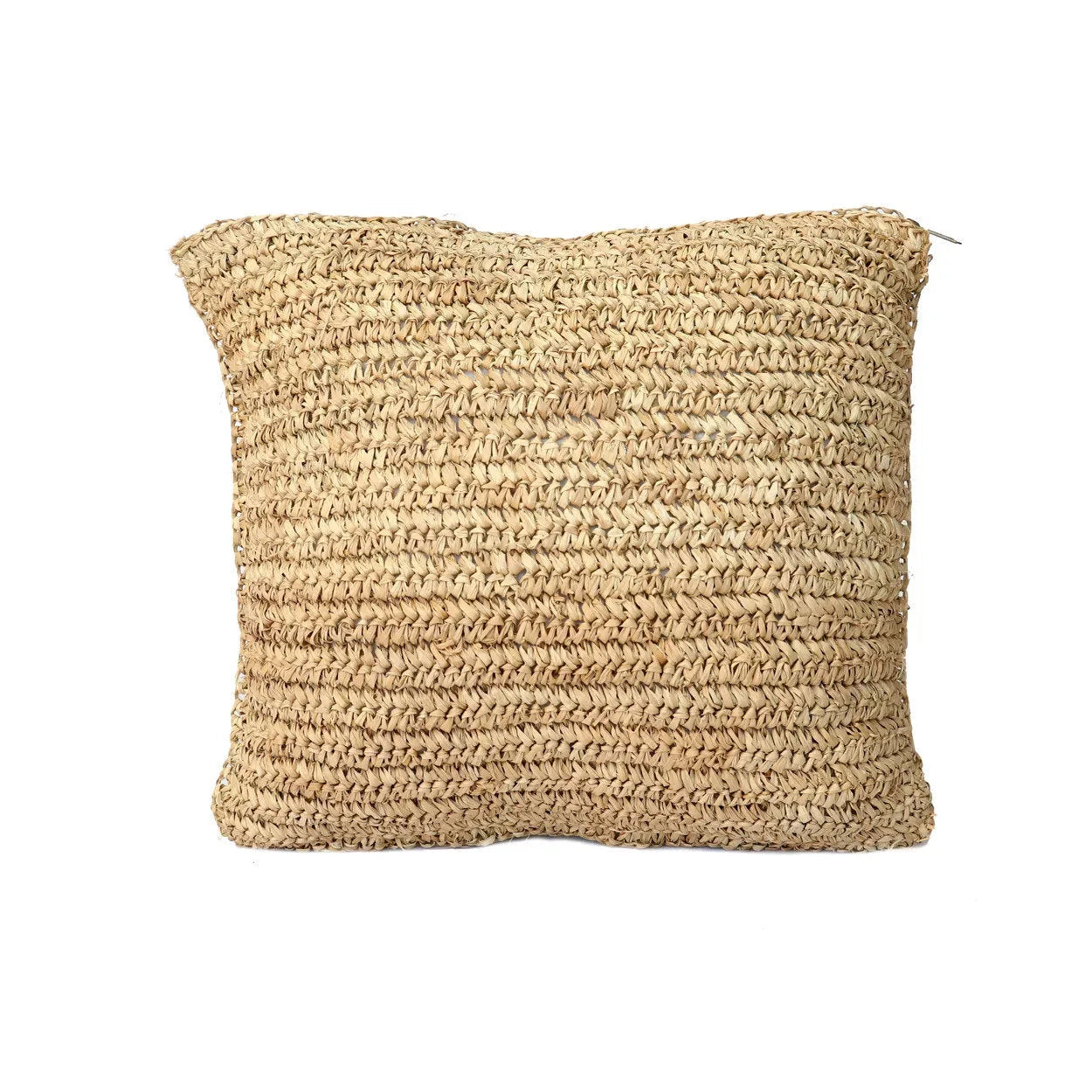 Housse de coussin carrée en raphia naturel tressé beige texturé