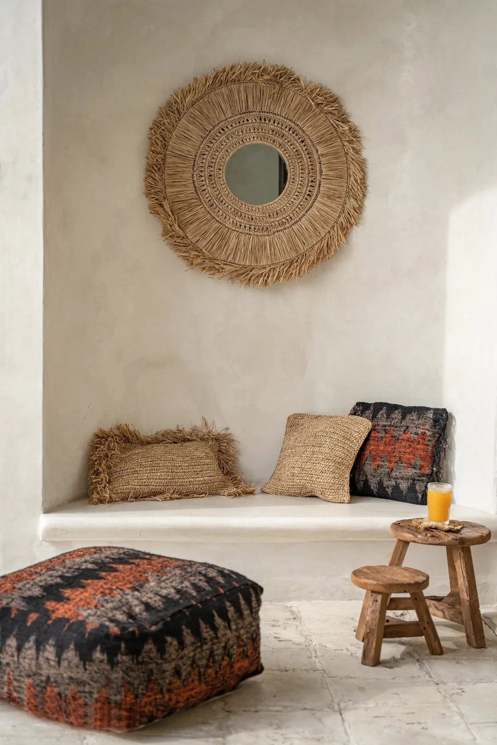 Housse de coussin carrée en raphia tressé naturel bohème