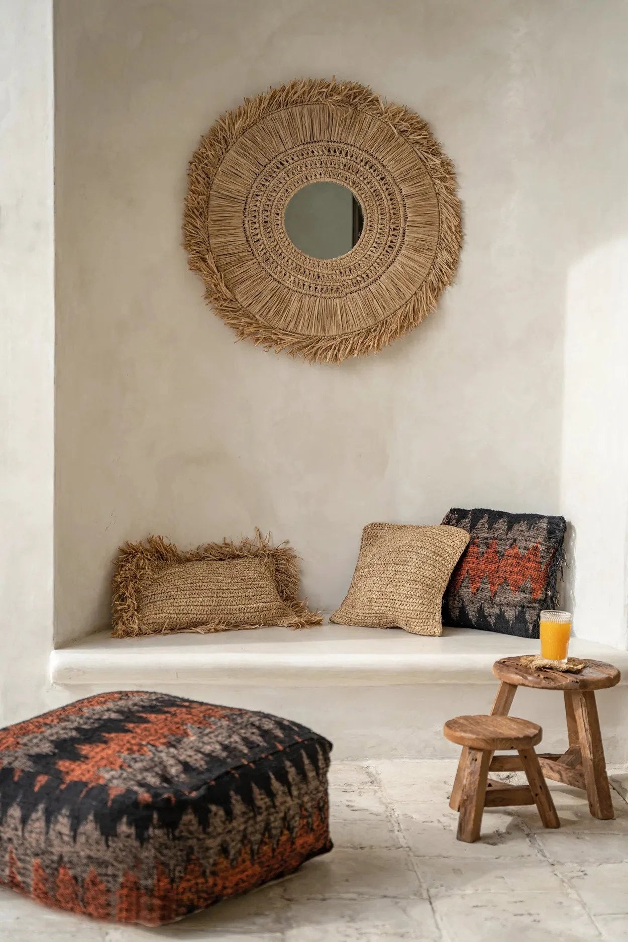 Housse de coussin carrée en raphia tressé naturel bohème
