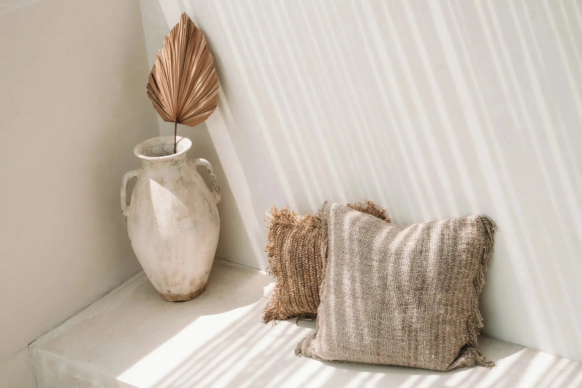 Deux coussins décoratifs en coton beige avec franges, texture élégante, 60x60 cm
