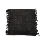 Coussin noir frangé en coton avec texture tissée, dimensions 60x60 cm
