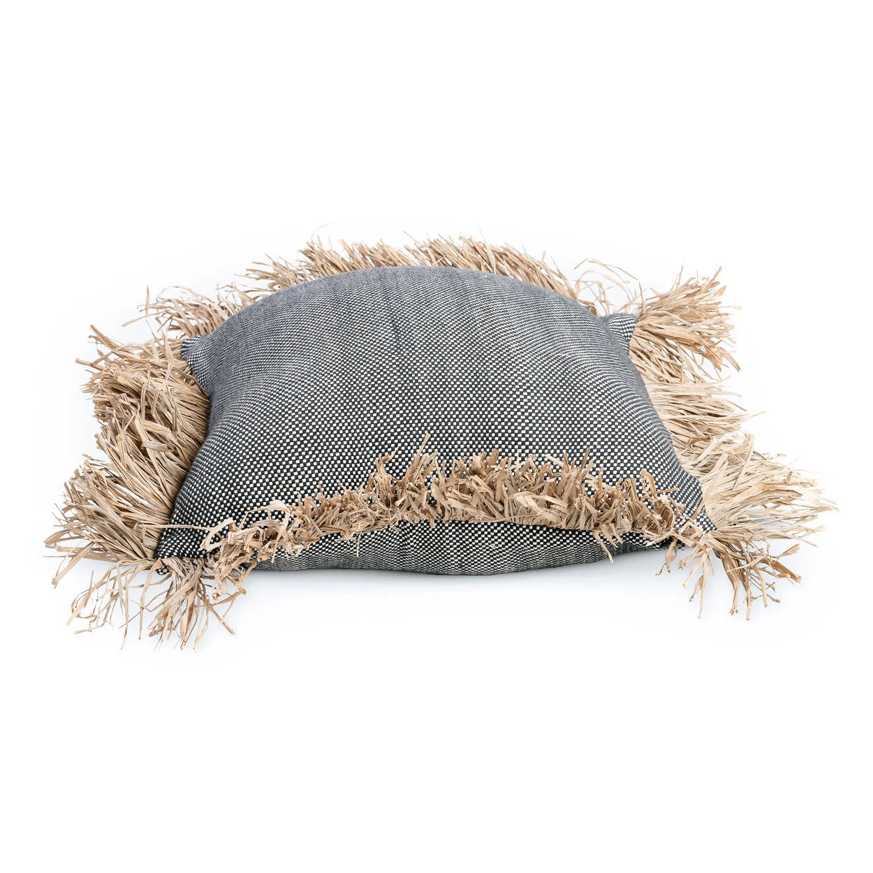 Housse de coussin coton noir naturel à franges en raphia - 40x40 cm