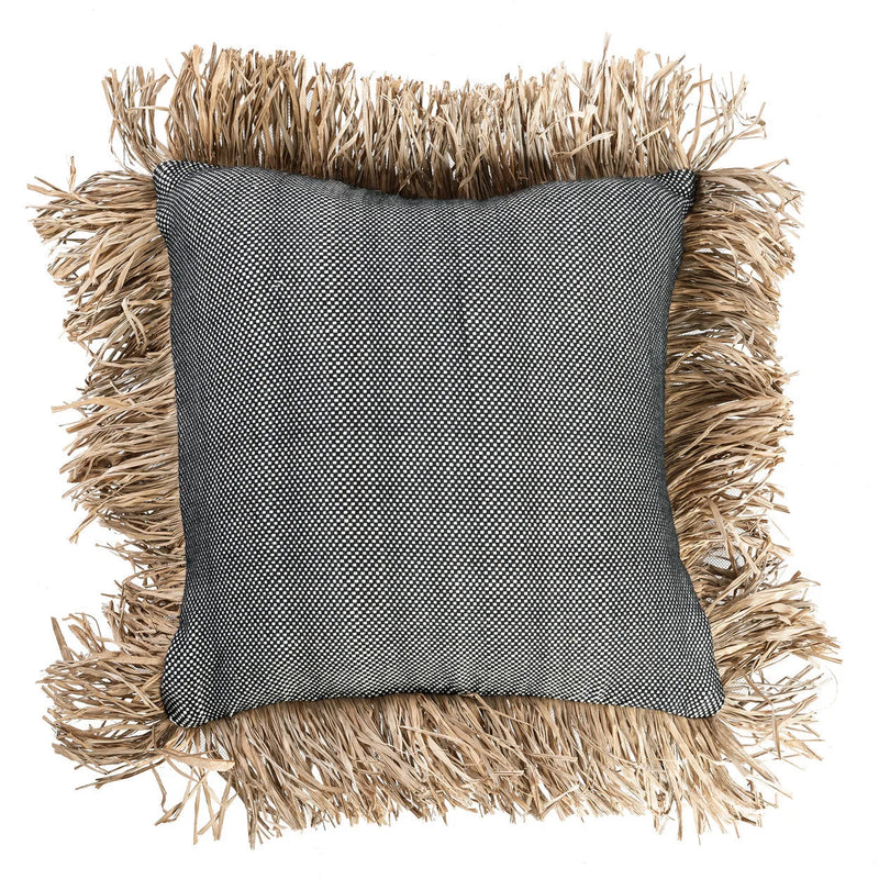 Housse de coussin coton noir naturel à franges en raphia - 40x40 cm