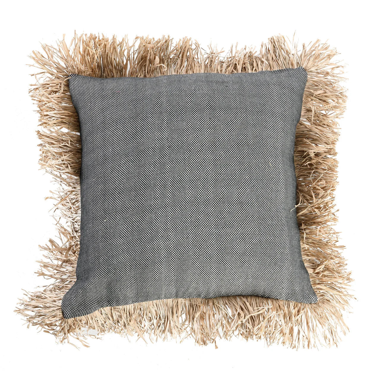Housse de coussin coton et raphia à franges noir naturel - 60x60 cm
